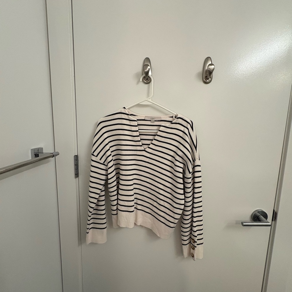 LOFT Black and Cream Striped Sweater